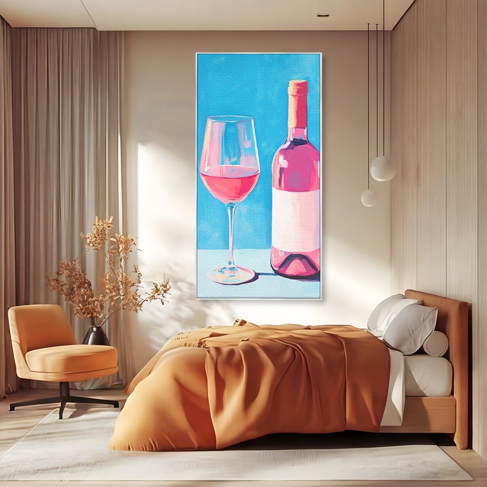 Tablou canvas cu pictura cu sticla de vin rose si pahar, in rama de aluminiu argintiu, pe perete intr-un dormitor